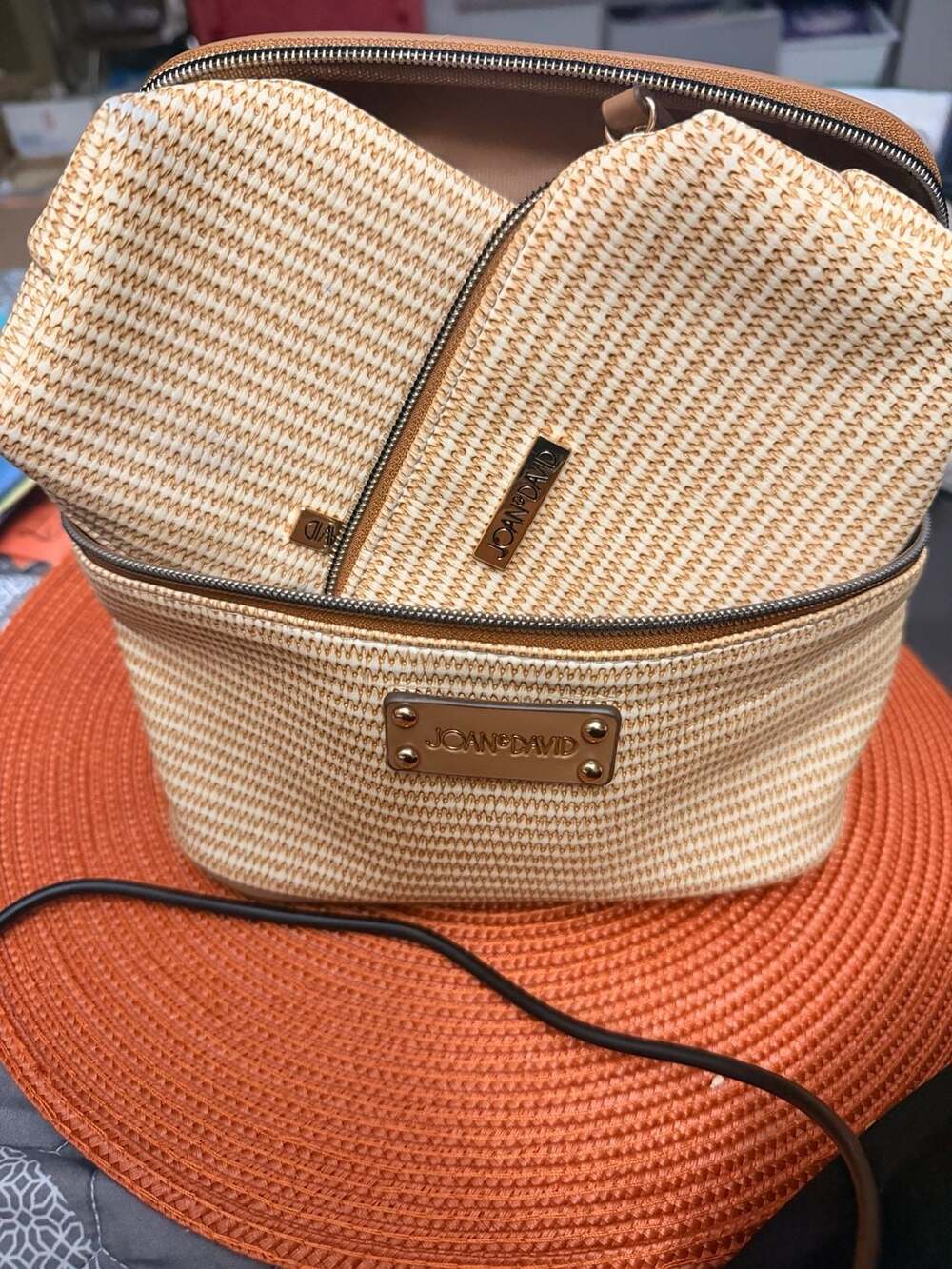 Joan & David Woven Straw Cosmetic Train Case 3-Piece Set Tan